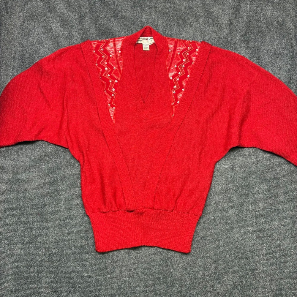 VTG 80s Epic Eric Steven Red Knit Dolman Sweater Lace Yoke Batwing Size M Cyber